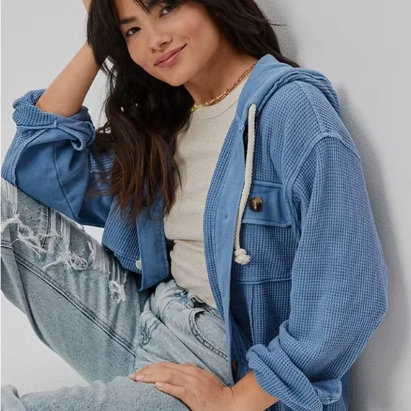 American Eagle Outfitters Waffle Thermal Blue Button Down Jacket - Picture 1 of 6